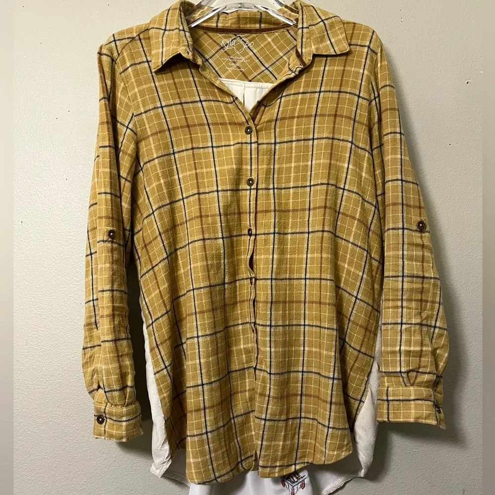 Kyla Seo Embroidered Velvet Back Gold Plaid L Boho Western Prairie Cottagecore - Picture 6 of 9